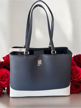 Tommy Hilfiger Navy and White Colorblock Pebbled Leather Tote